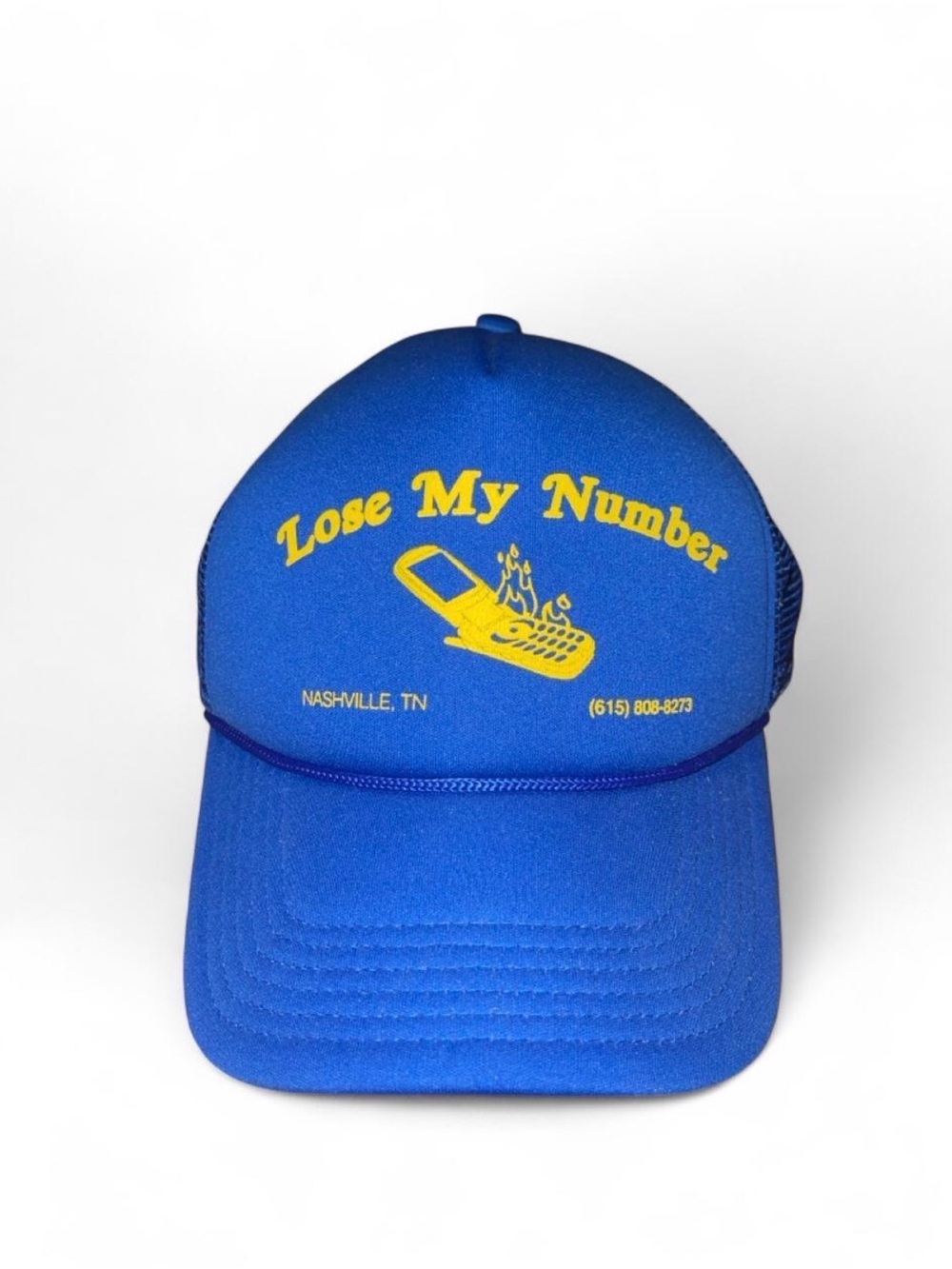 Lose My Number Blue Trucker Hat with Yellow Print